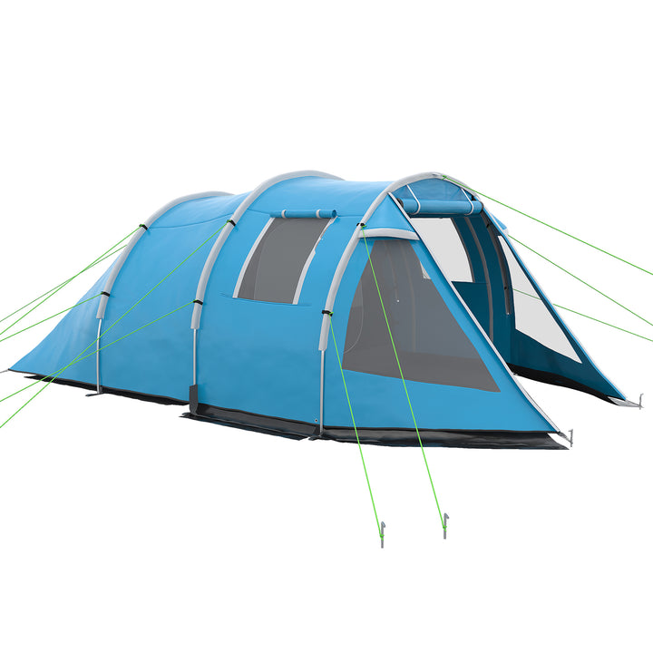 Outsunny 3-4 Man Tunnel Tent, Two Room Camping Tent with Windows and Covers, Portable Carry Bag, for Fishing, Hiking, Festival - Blue | Aosom UK