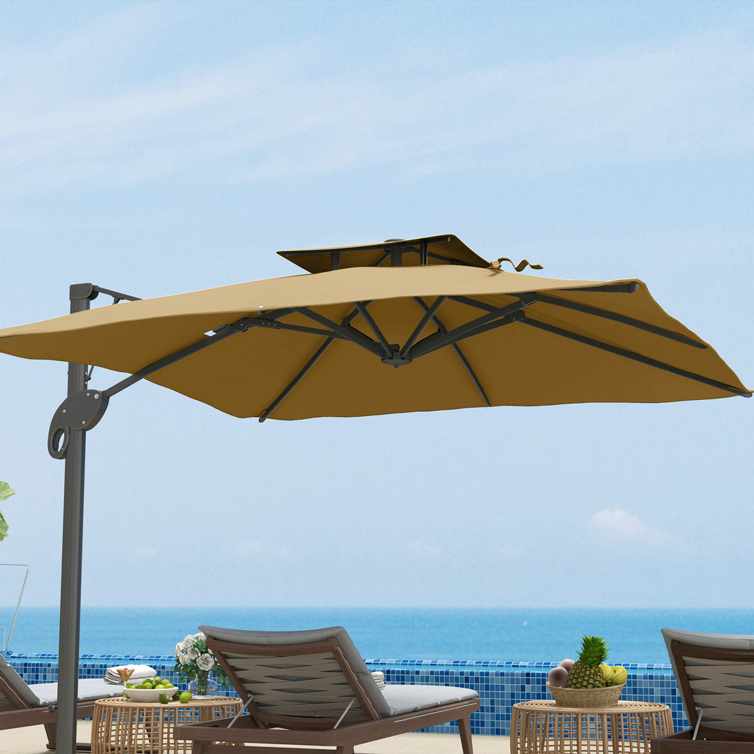 Garden Parasol, 3(m) Cantilever Parasol with Hydraulic Mechanism, Dual Vented Top, 8 Ribs, Cross Base, Khaki