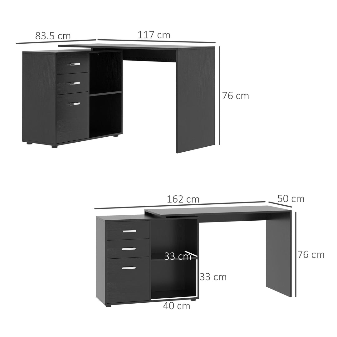 MCL L Shaped Computer Desk, Reversible Home Office Desk with Drawers, File Cabinet and Storage Shelves, Study Table, 117 x 83.5 x 76cm, Black