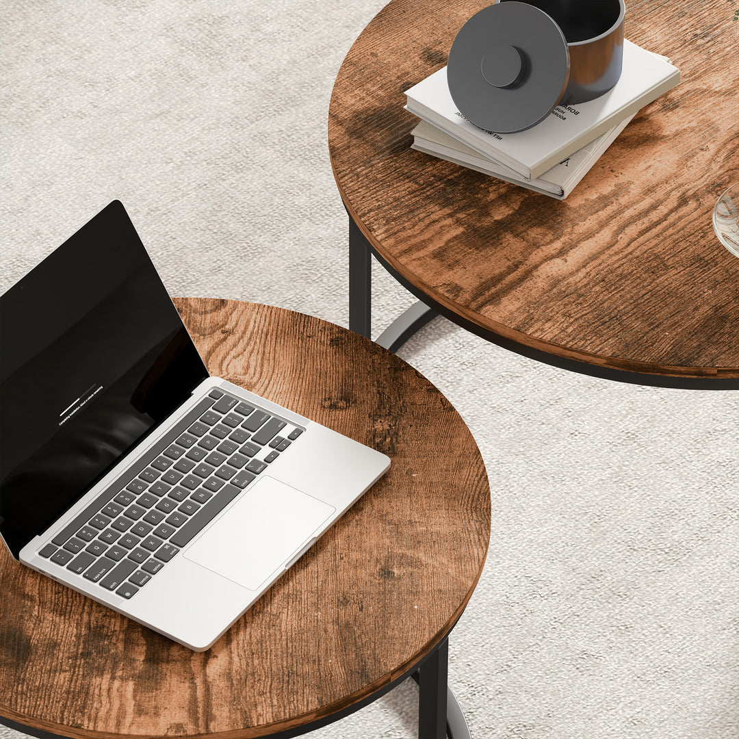 MCL Coffee Table Set of 2, Round Nest of Tables with Metal Frame, Modern Side Tables for Living Room, Rustic Brown