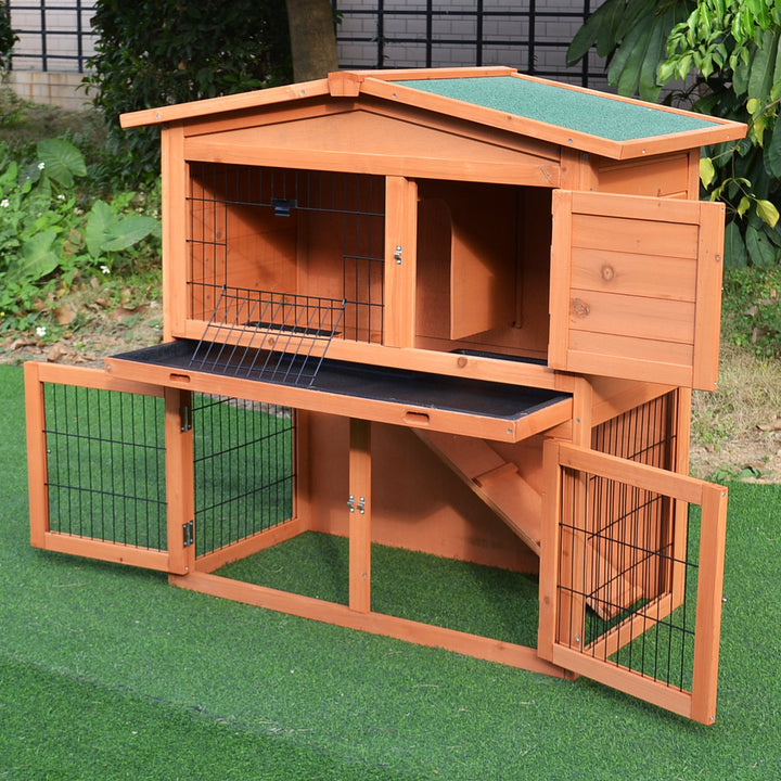 MCL 2 Tier Rabbit Hutch Guinea Pig Hutch Ferret Cage with Ramp Slide Out Tray for Indoor Outdoor 100.5 x 55 x 101 cm