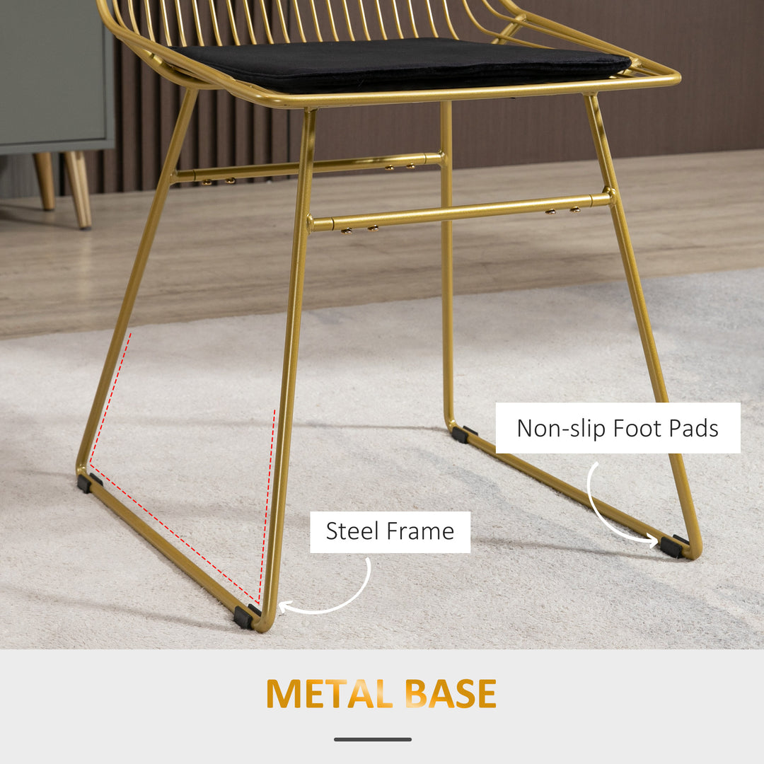 Luxurious Dining Chairs Set of 2, Metal Wire Kitchen Chair with Removable Velvet-feel Cushion, Cut-out Back and Steel Frame for Dining Room, Gold Tone