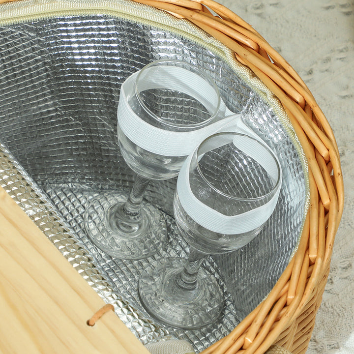 Wicker Picnic Basket for 2 with Pine Wood Lid, Picnic Hamper with Cooler Compartment, Cutlery Service Kits, Carry Handle for Camping, Outdoor, Valentine Day, Chirtmas, Birthday, Light Brown
