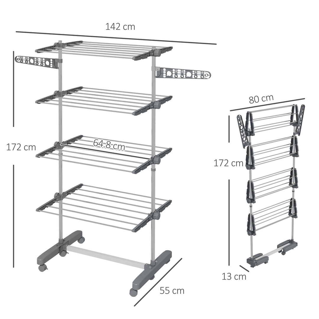 Four-Shelf Collapsing Clothes Horse, With Side Arms and Wheels - Grey
