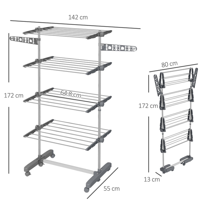 Four-Shelf Collapsing Clothes Horse, With Side Arms and Wheels - Grey