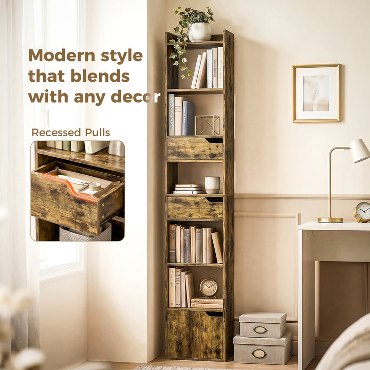Bookcase Tall Narrow with 5 Tiers and Drawers Freestanding Bookshelf S