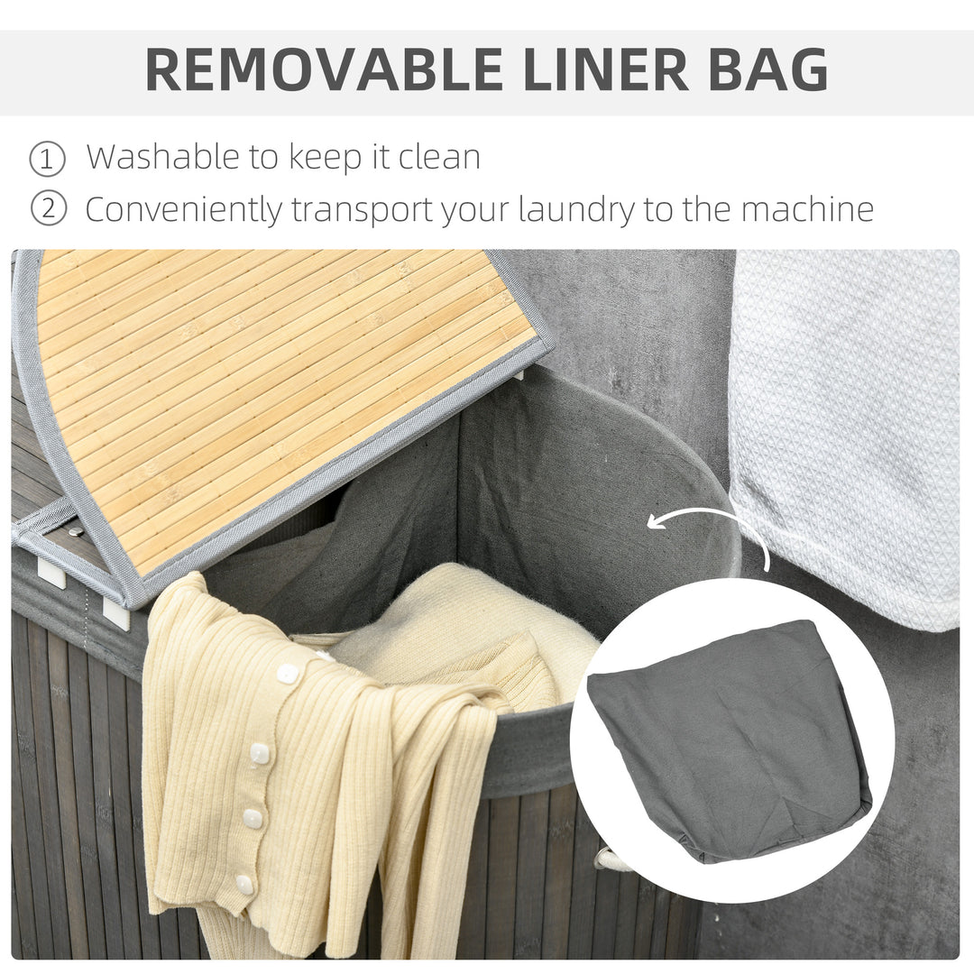 Bamboo Laundry Basket with Lid, 100 Litres Laundry Hamper with 2 Sections, Removable Washable Lining, Washing Baskets, 62.5 x 37 x 60.5cm, Grey