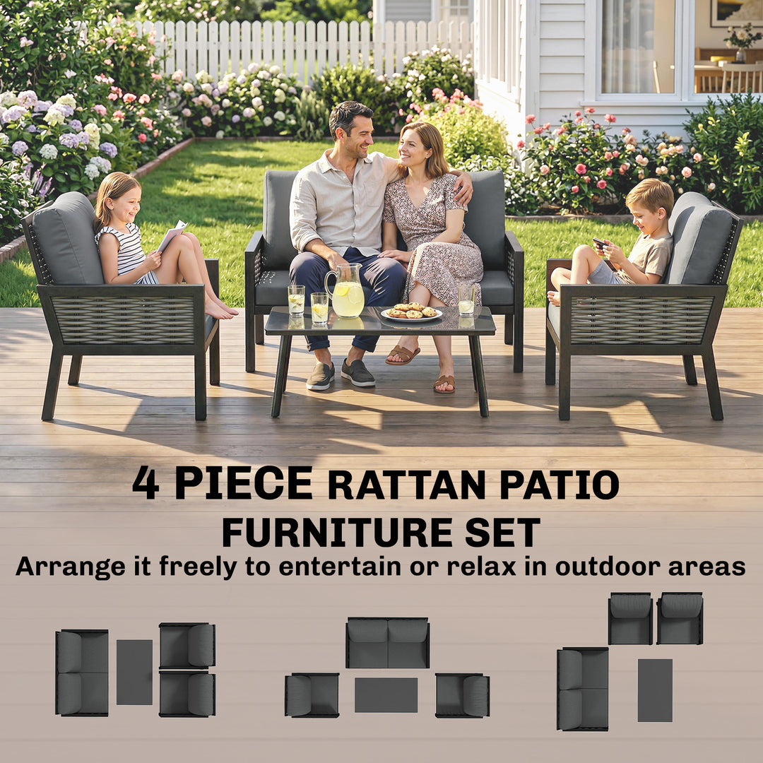 4 Seater Rattan Garden Furniture Set with 2 Armchairs, Loveseat, Coffe