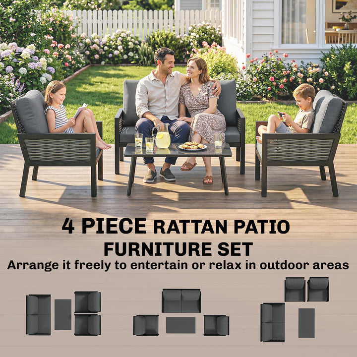 4 Seater Rattan Garden Furniture Set with 2 Armchairs, Loveseat, Coffe