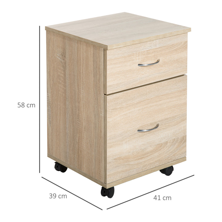 HOMCOM File Cabinet Cupboard Storage with Two Drawers, Table Storage Box with Wheels, Cabinet Bedside Table Storage Box, Oak | Aosom UK