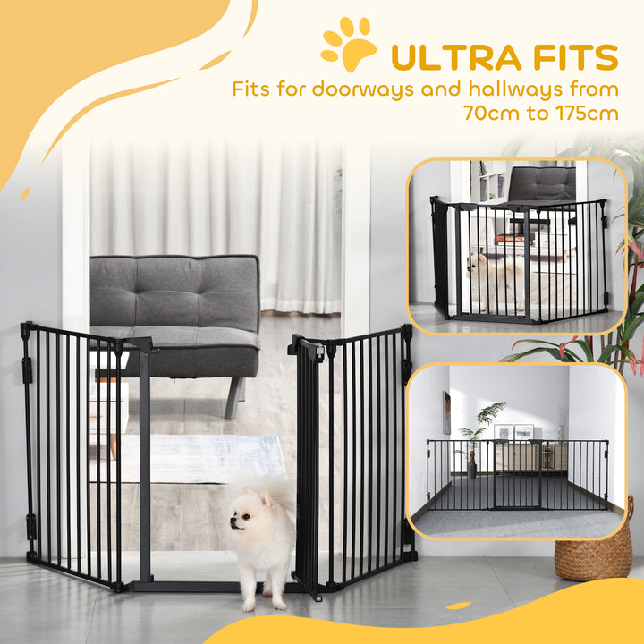 MCL Pet Safety Gate, 3 Panels Playpen Fireplace, Foldable Metal Fence, Stair Barrier, Room Divider, Fire Guard w/ Automatic Closing Door, Black