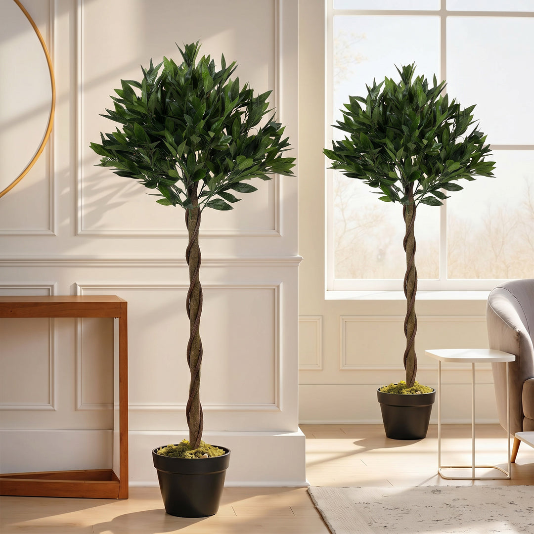 Artificial Bay Laurel Topiary Trees with Twisted Trunk, Realistic Lush