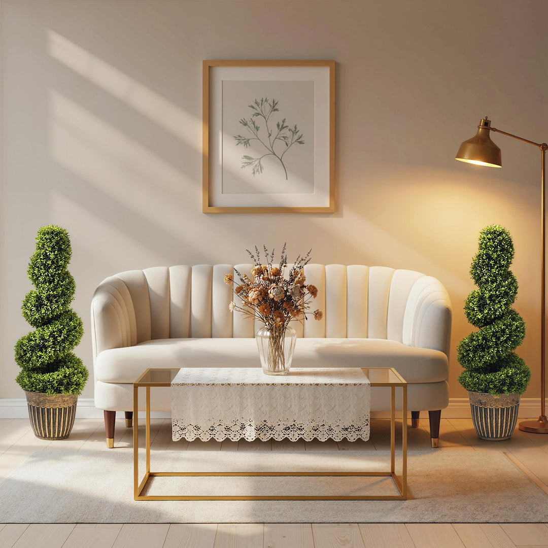 Set of 2 Artificial Plants, Topiary Spiral Boxwood Trees with Pot, for