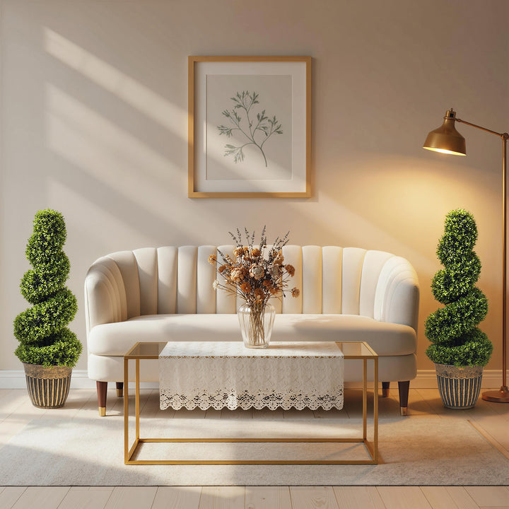 Set of 2 Artificial Plants, Topiary Spiral Boxwood Trees with Pot, for
