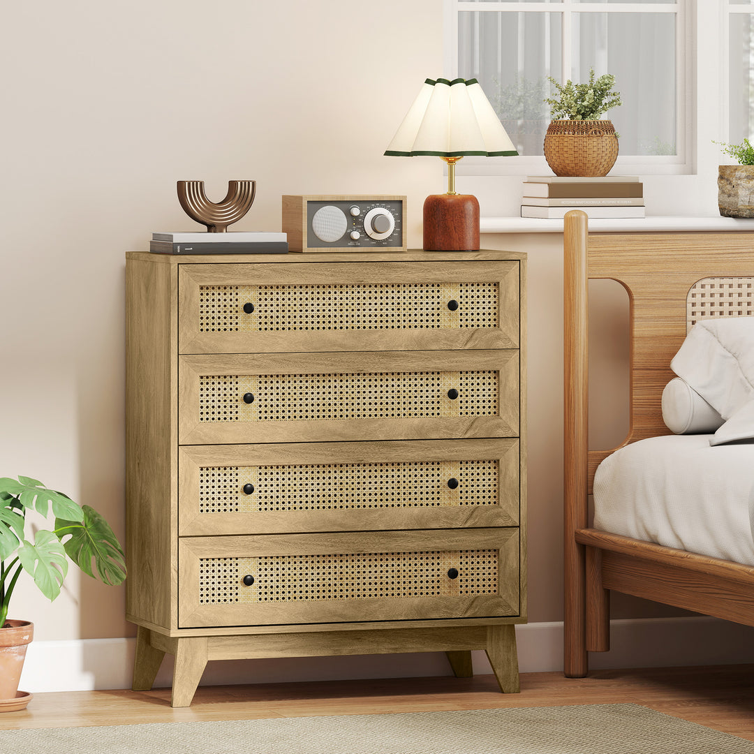MCL Storage Cabinet, 4-Drawer Unit with Rattan Element for Bedroom, Living Room, 80cmx35cmx95cm, Wood Effect