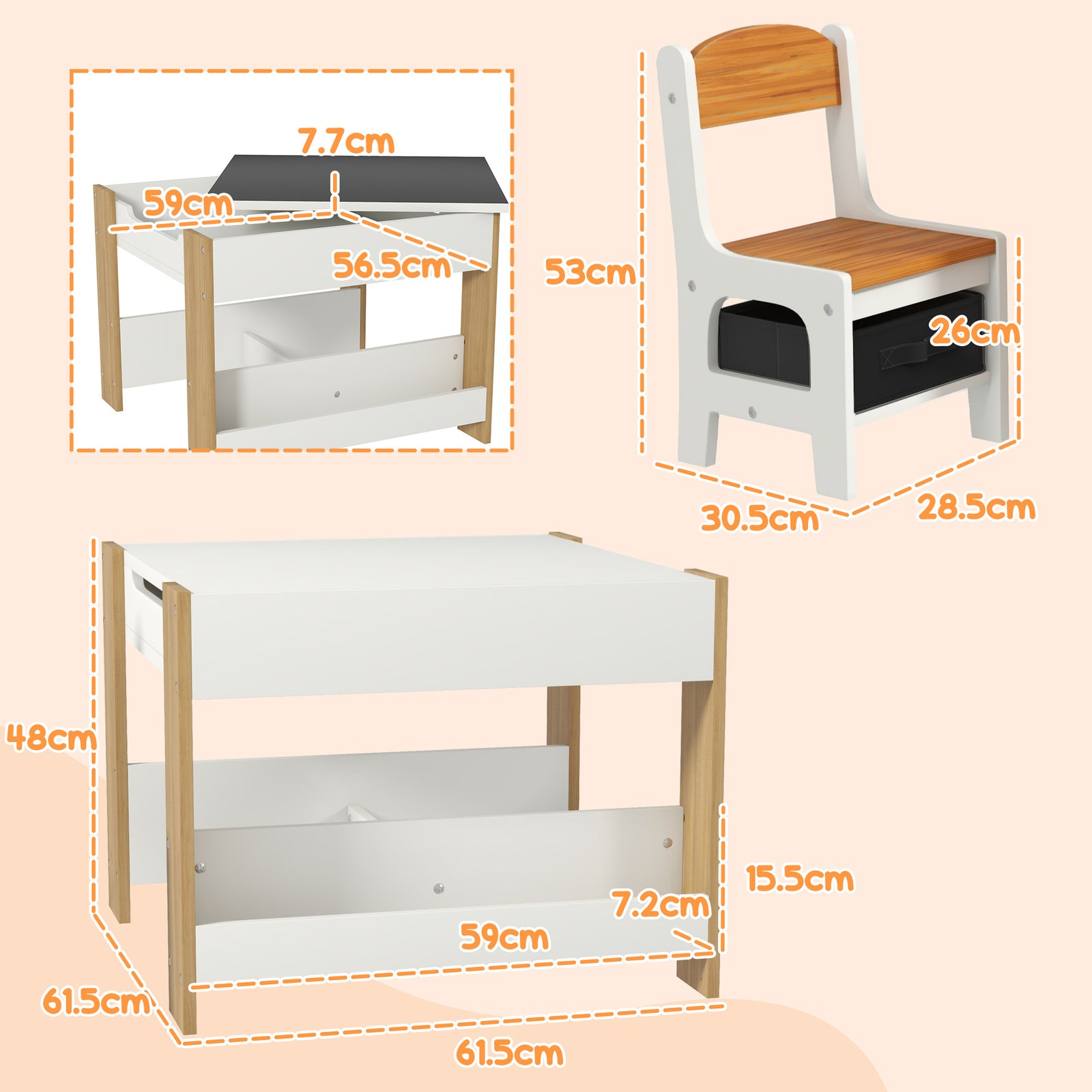 Three-Piece Kids Table and Chair Set with Blackboard, Storage, Bookshe