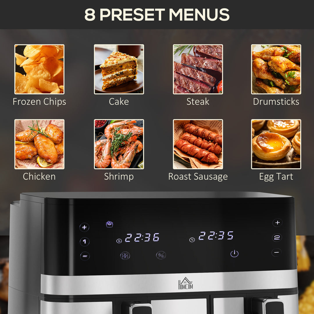 HOMCOM Dual Air Fryer, 8.5L Family Size Double Air Fryer Oven w/ 8-In-1 Presets, Smart Finish, Digital Display, Recipe, Timer, Low Fat | Aosom UK