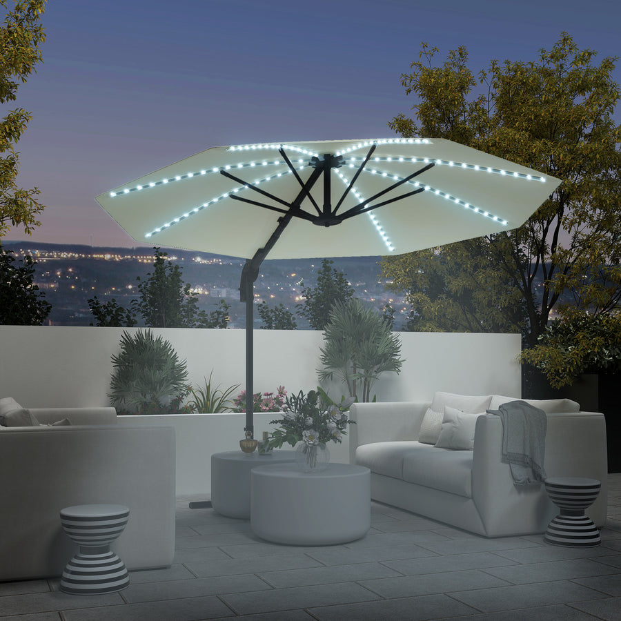 3(m) Cantilever Garden Parasol with Solar Powered Lights, Crank Handle & Cross Base, UPF 50+, 360° Rotation, Cream