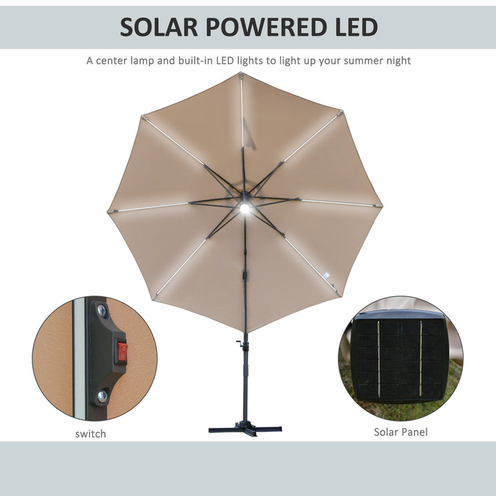 3(m) LED Cantilever Parasol Outdoor Sun Umbrella w/ Base Solar Lights Brown