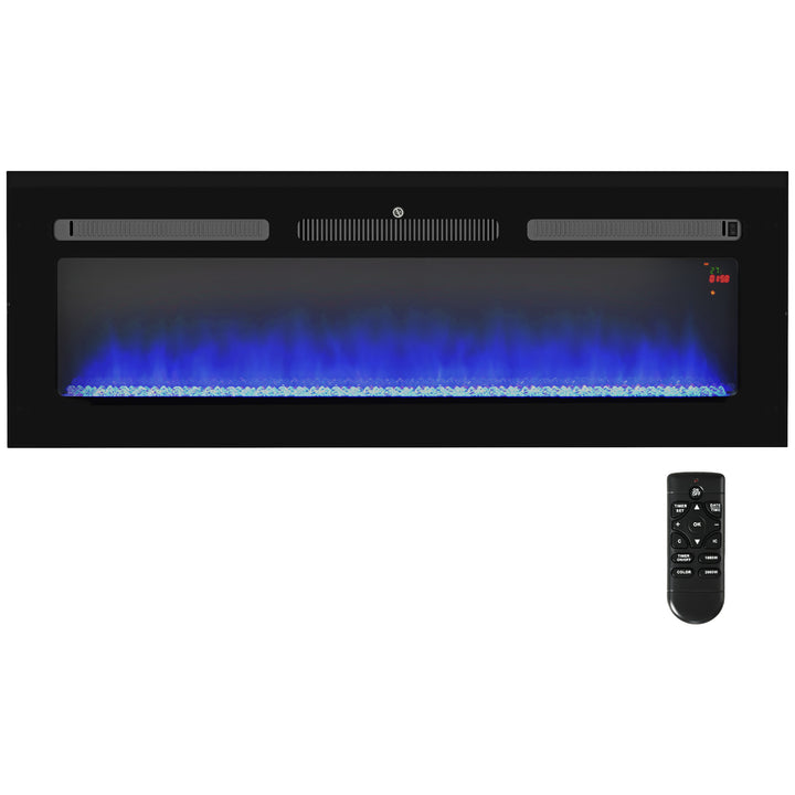 HOMCOM 127cm Electric Fireplace, 2000W Recessed and Wall Mounted Electric Fire with Remote Control, 9 Flame Colour and Crystal, Black