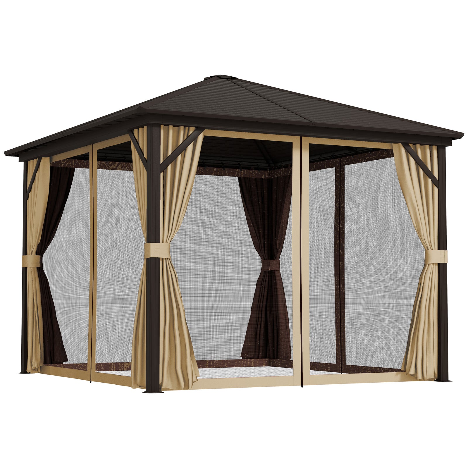 3 x 3(m) Metal Hardtop Gazebo, with Curtains and Accessories - Brown