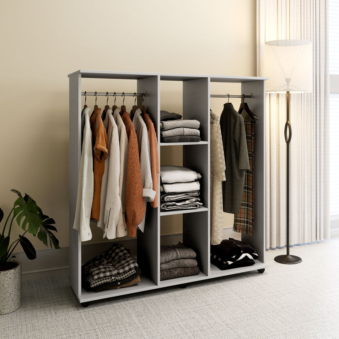 Open Wardrobe Double Mobile Storage Shelves Organizer W/6 Wheels-Grey