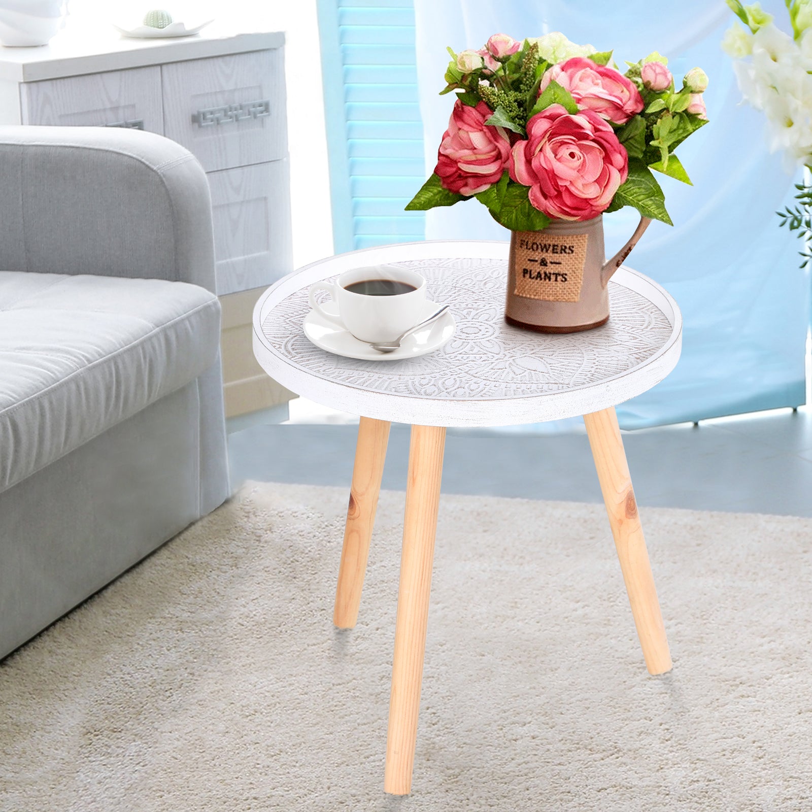 Coffee Table, Carved Floral Round Table with Tray-style Top and Wood Legs, Modern Side Table for Living Room, White