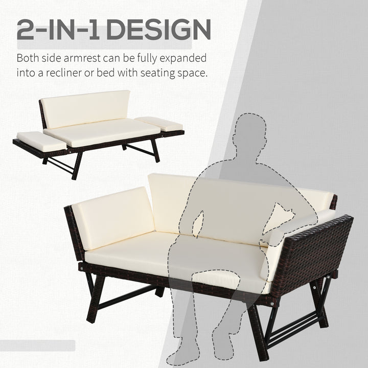 2-Seater 2-in-1 Rattan Convertible Sofa Daybed Brown