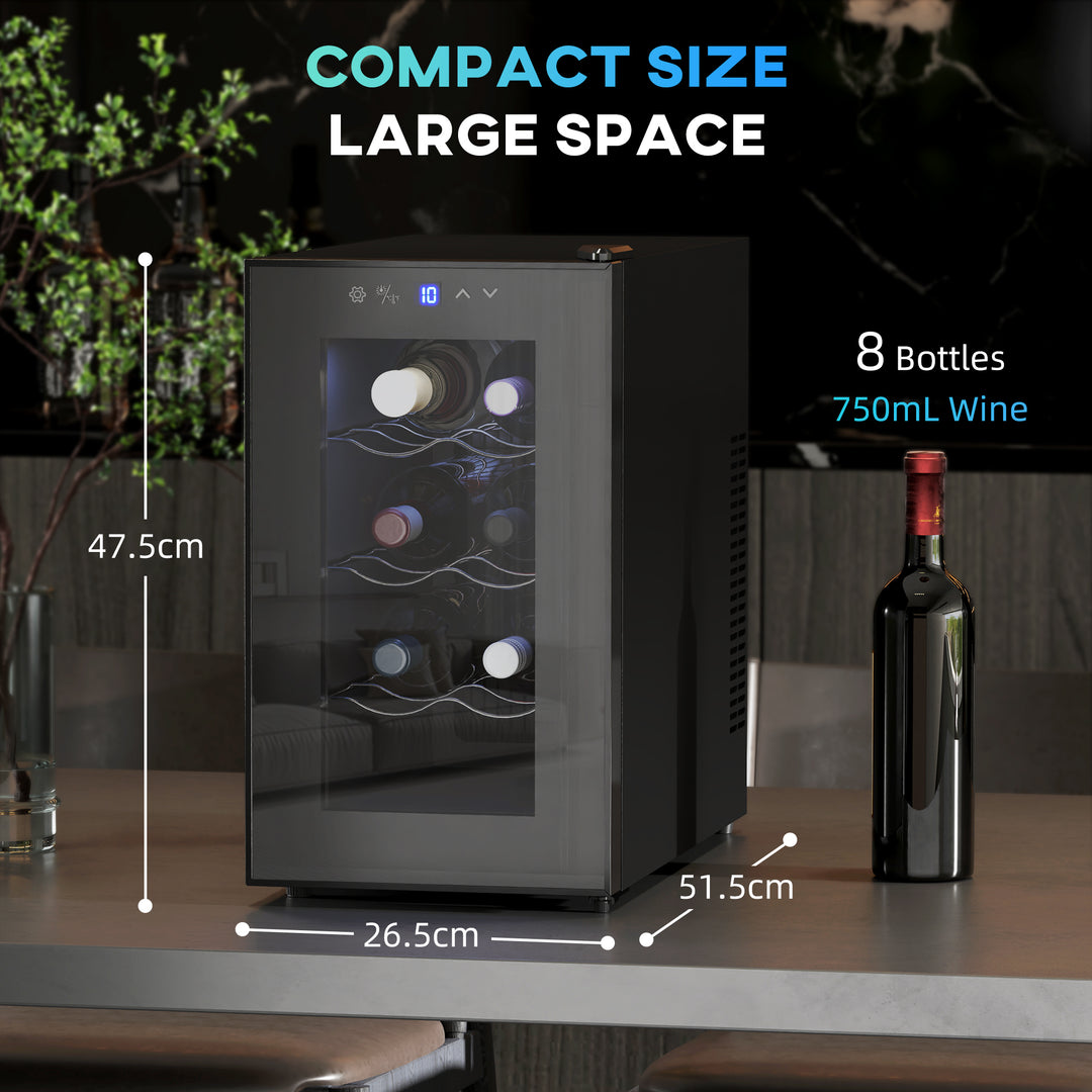 Mini Table Top Wine Fridge, 8 Bottle, 17L, 8-18℃, 26.5cm Quiet Under Counter Wine Cooler Fridge with Glass Door, LED Light, Digital Touch Screen, Temperature Control