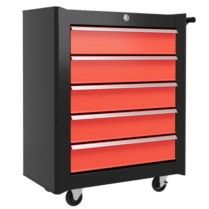 HOMCOM 5-Drawer Tool Chest with Wheels, Steel Lockable Tool Storage Cabinet with Handle, 2 Keys for Garage, Workshop, Red