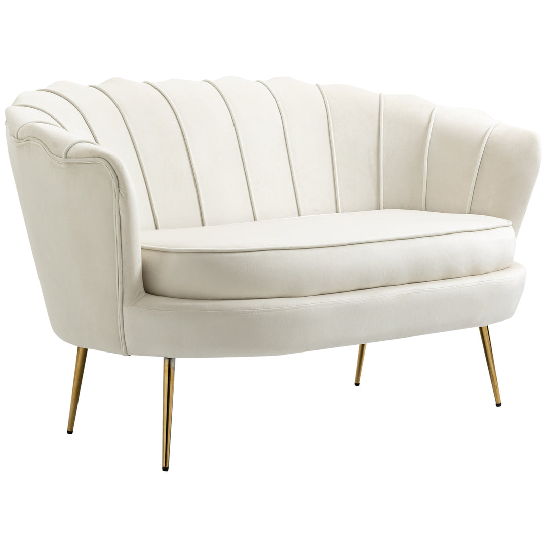 2 Seater Sofa, Modern Velvet Loveseat Sofa, Fabric Small Couch with Petal Backrest and Gold Steel Legs for Living Room, Bedroom, Cream
