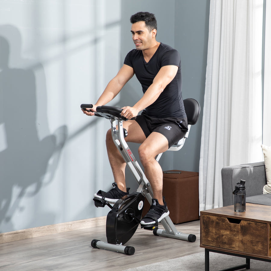 Folding Exercise Bike, Fitness Bicycle Indoor Trainer, 8-Level Magnetic Resistance Adjustable, with LCD Monitor, Pulse Sensor, Grey
