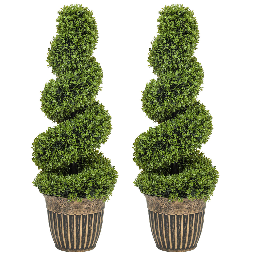 Set of 2 Artificial Plants, Topiary Spiral Boxwood Trees with Pot, for