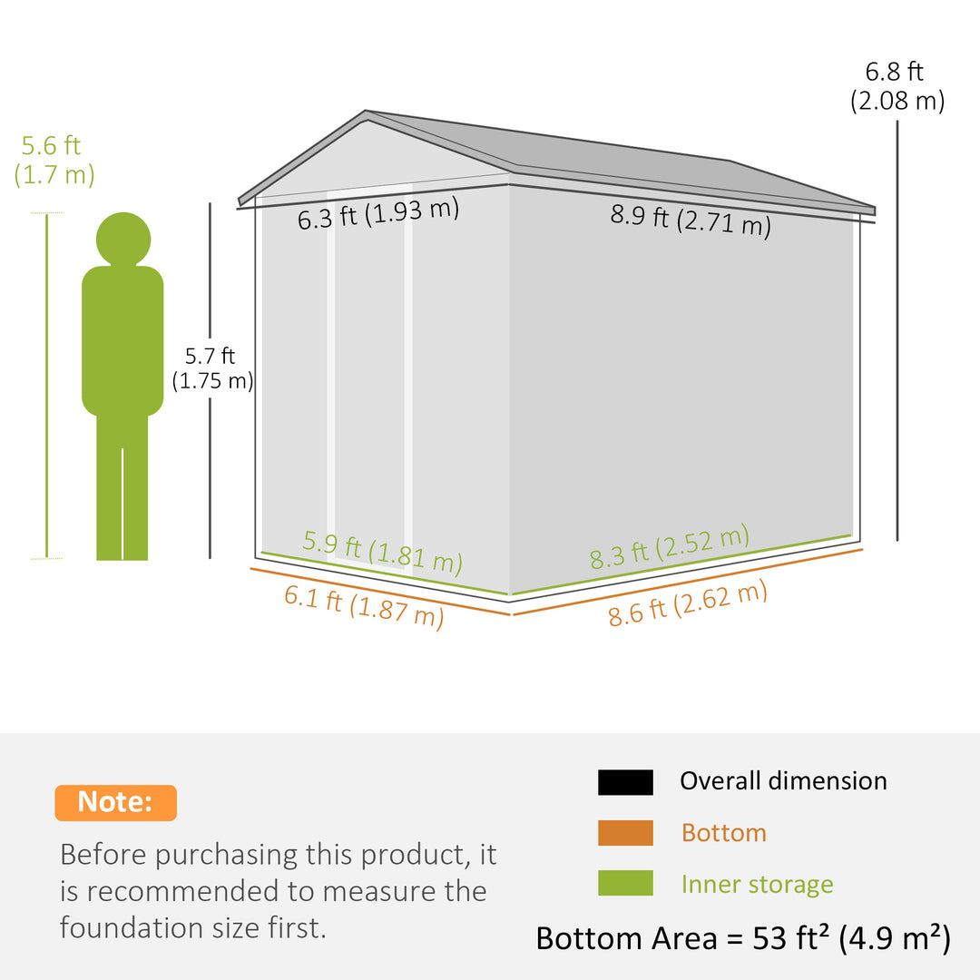9x 6FT Metal Outdoor Garden Shed, Galvanised Tool Storage Shed w/ Sloped Roof, Lockable Door for Patio Lawn, Dark Grey