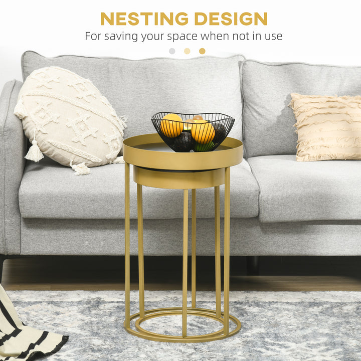 Nest of Tables, Round Coffee Table Set of 2, Nesting Tables with Embedded Tabletop and Metal Frame, Gold Side Table for Living Room, Bedroom