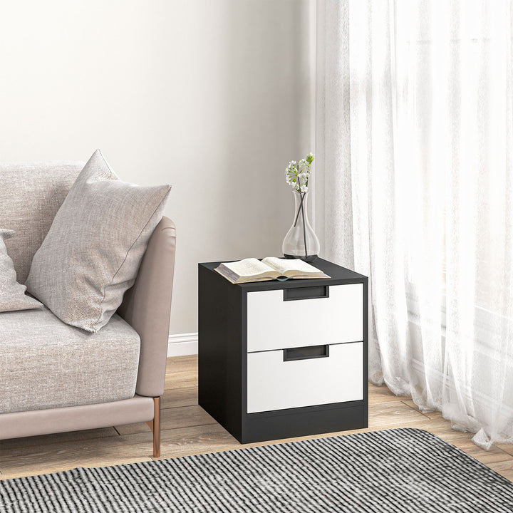 HOMCOM Set of 2 Bedside Cabinets with Dual Drawers, Modern Nightstands for Bedroom Storage, Living Room Accent Furniture, White and Black. | Aosom UK