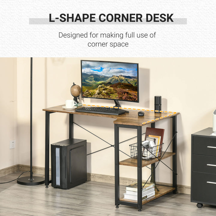 HOMCOM L-Shaped Computer Desk Home Office Corner Desk Study Workstation Table with 2 Shelves, Steel Frame, Rustic Brown | Aosom UK