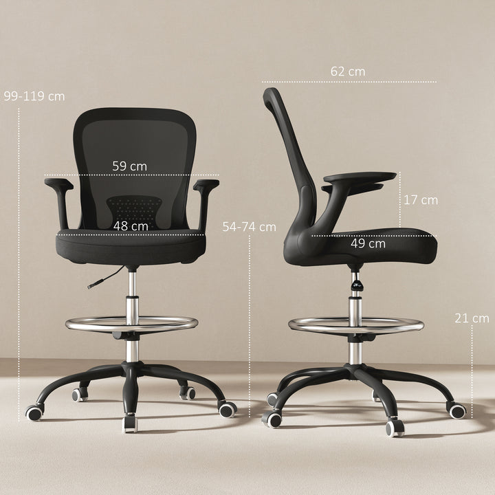 Draughtsman Chair, Mesh Drafting Chair, Ergonomic Office Chair with Flip-up Armrest, Adjustable Foot Ring, Black