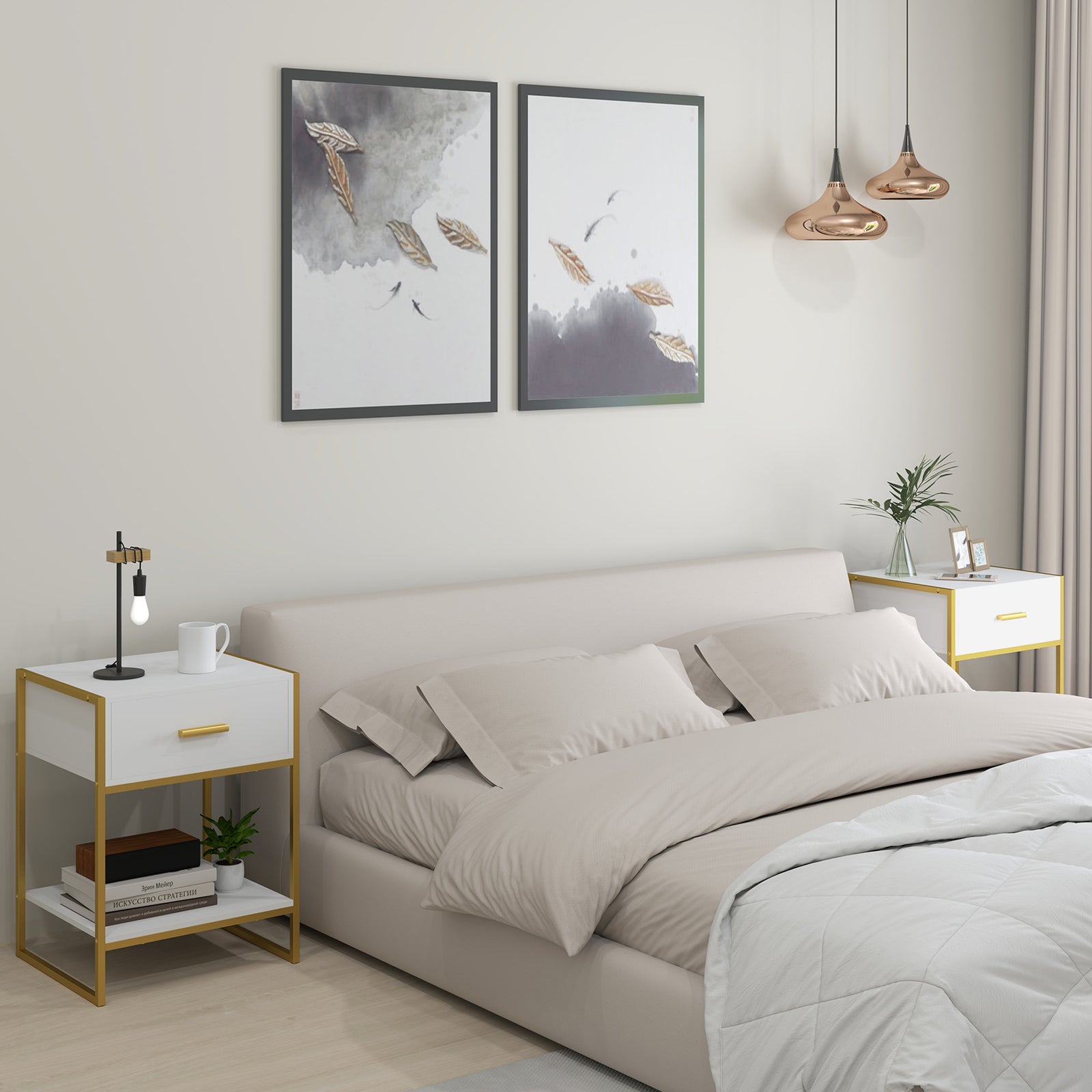 Bedside Table Set of 2, Modern Side Tables with Drawer and Shelf, Nightstands for Bedroom, White