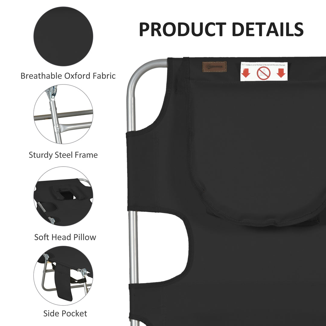 Foldable Sun Lounger, Beach Chaise Lounge with Reading Hole, Arm Slots, 5-Position Adjustable Backrest, Side Pocket, Pillow for Garden, Beach, Pool, Black