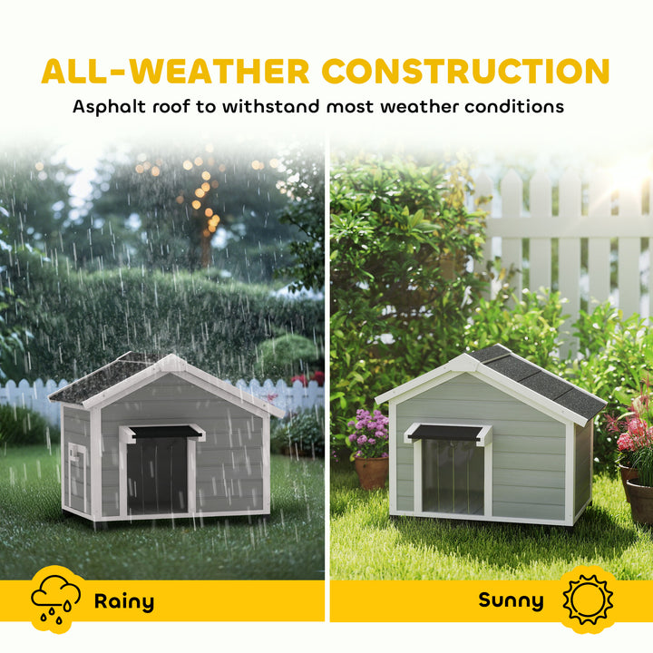 Wooden Dog House Outdoor with Openable Roof, Removable Floor, Curtain, Elevated Feet, for Medium Dogs, Light Grey