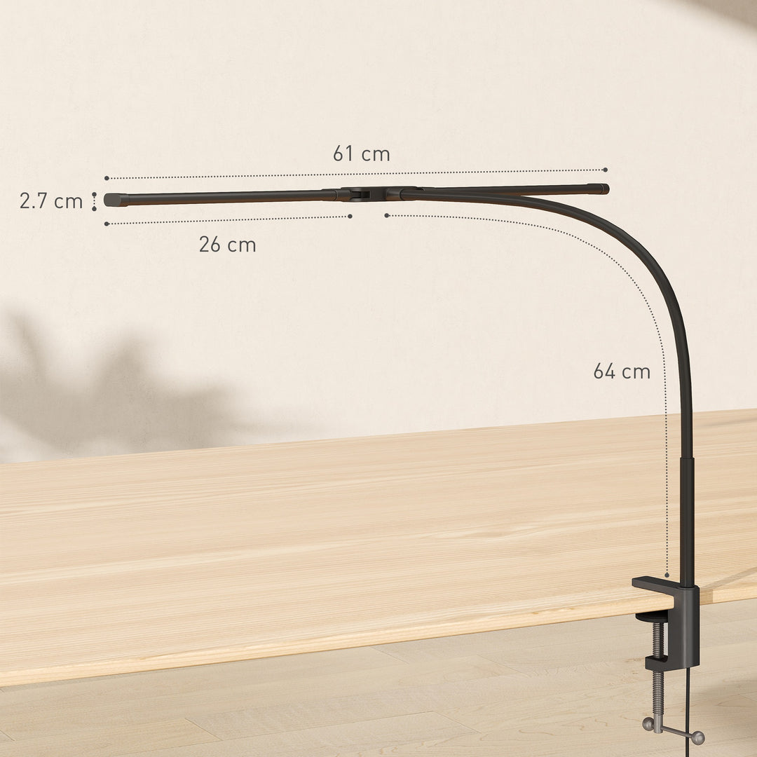 LED Desk Lamp with Clamp, Double Head Table Lamp with 3 Colour Modes & 10 Brightness Levels, Flexible Gooseneck Reading Desk Light with Timer and Memory Function for Study, Office, Work, Black
