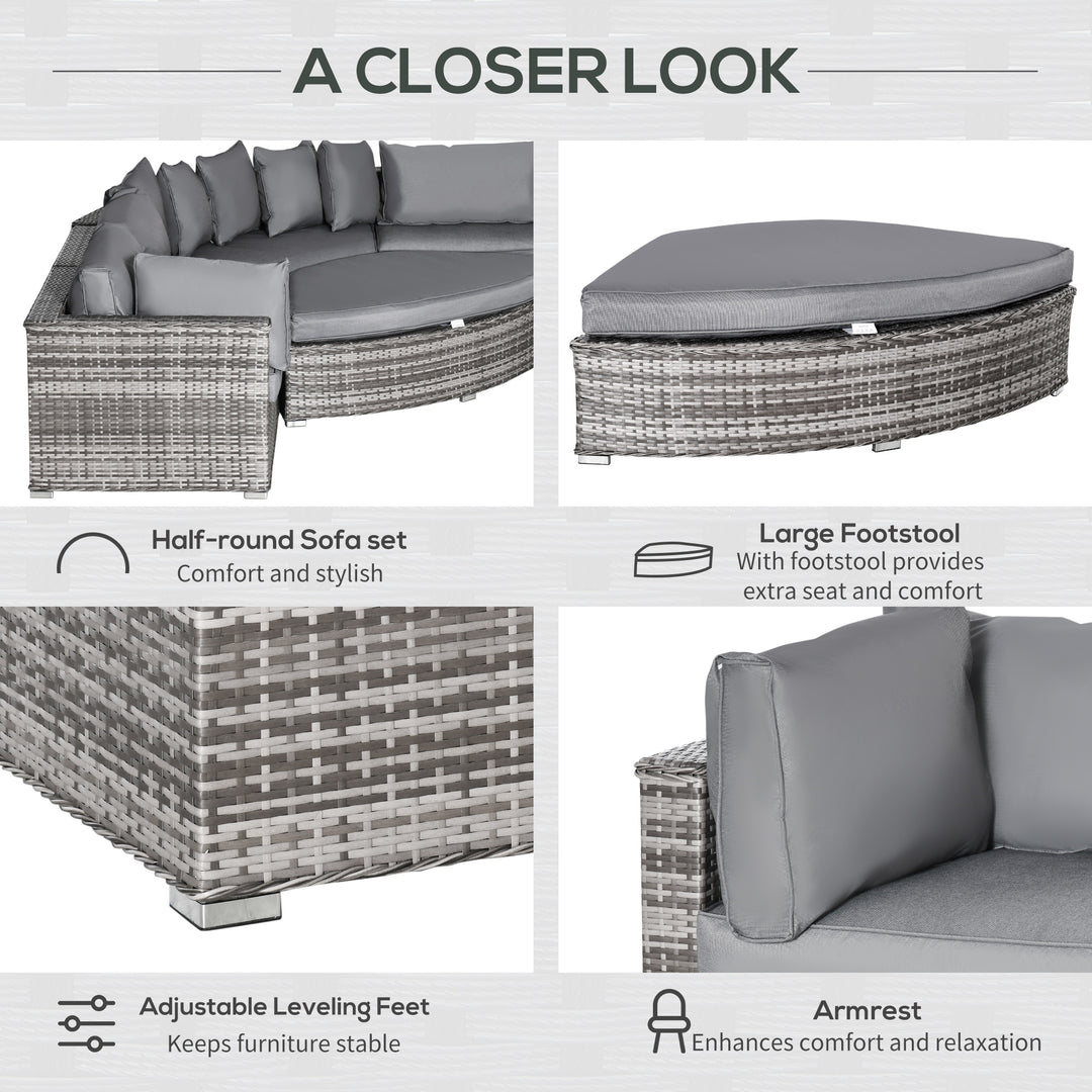 6 Pieces Outdoor PE Rattan Wicker Sofa Set with 10cm Thick Padded Cushionsand Half Round Patio Conversation Furniture Set with Angled Corner Designand Ottomansand and Back Pillows, Grey