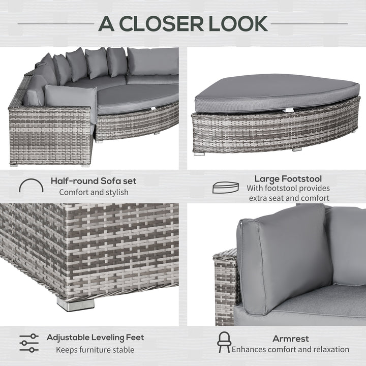 6 Pieces Outdoor PE Rattan Wicker Sofa Set with 10cm Thick Padded Cushionsand Half Round Patio Conversation Furniture Set with Angled Corner Designand Ottomansand and Back Pillows, Grey