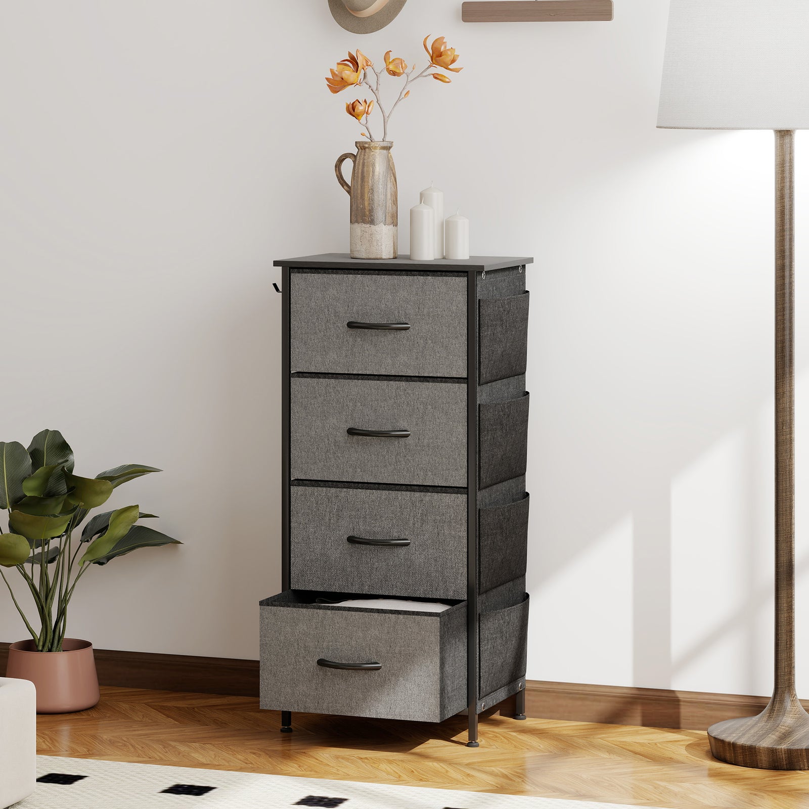 Chest of Four Fabric Drawers - Charcoal Grey