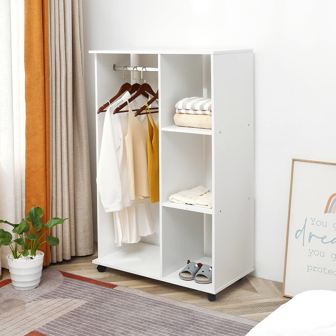MCL Open Wardrobe on Wheels, Bedroom Wardrobe with Clothes Hanging Rail, 3 Storage Shelves, Mobile Garment Rack for Cloakroom, Hallway, White