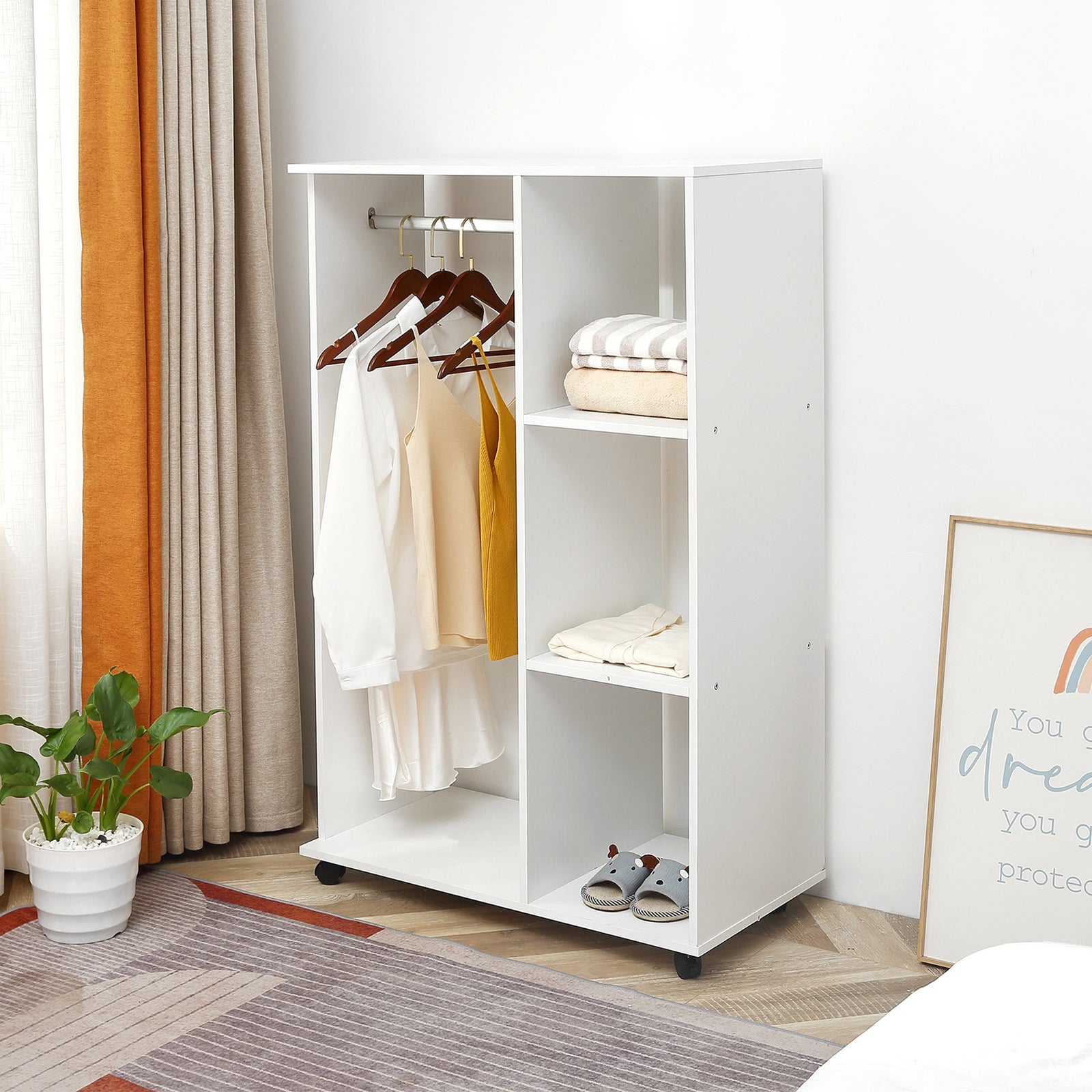 Open Wardrobe on Wheels, Bedroom Wardrobe with Clothes Hanging Rail, 3 Storage Shelves, Mobile Garment Rack for Cloakroom, Hallway, White