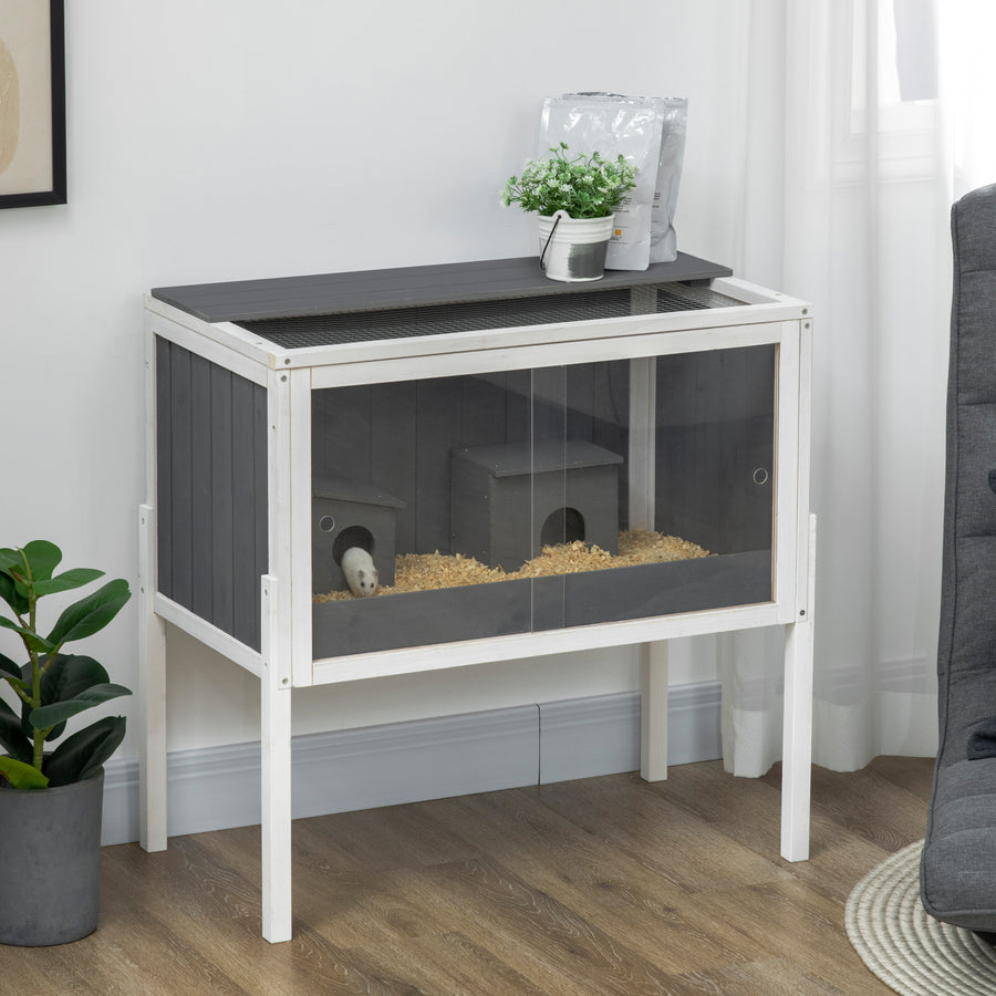 Wooden Hamster Cage for Dwarf Hamsters, Gerbils, Rutin Chicken, with Shelf, Two Huts - Grey