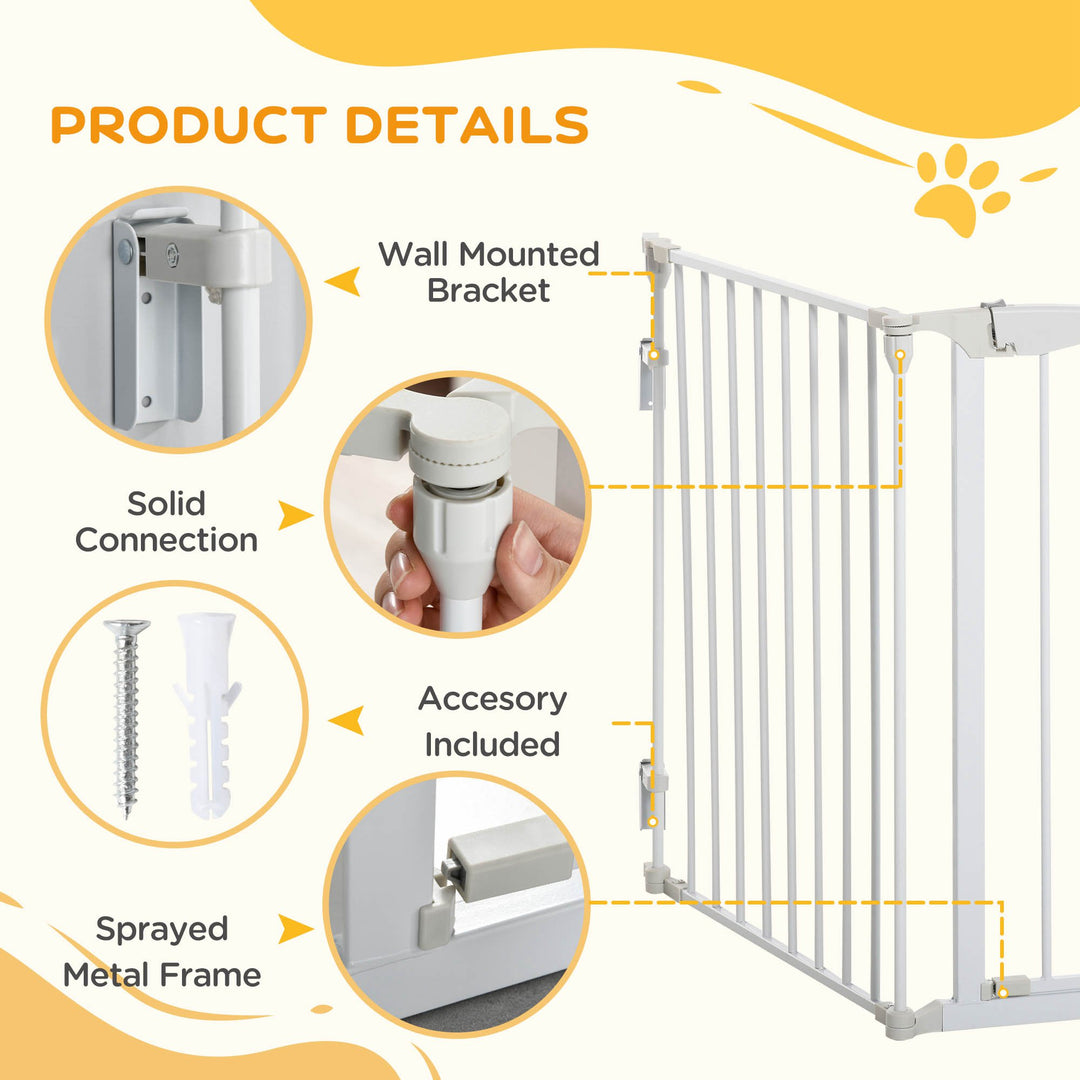 PawHut Pet Safety Gate 3-Panel Playpen Fireplace Christmas Tree Metal Fence Stair Barrier Room Divider w/Walk Through Door, White | Aosom UK