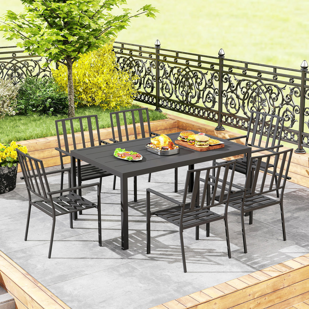 Outsunny Seven-Piece Minimal Metal Garden Dining Set, with Parasol Hole - Black